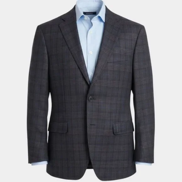 CALVIN KLEIN Mens Blazer Sport Coat 2-Button Jacket Plaid 40S Wool Purple/Blue
